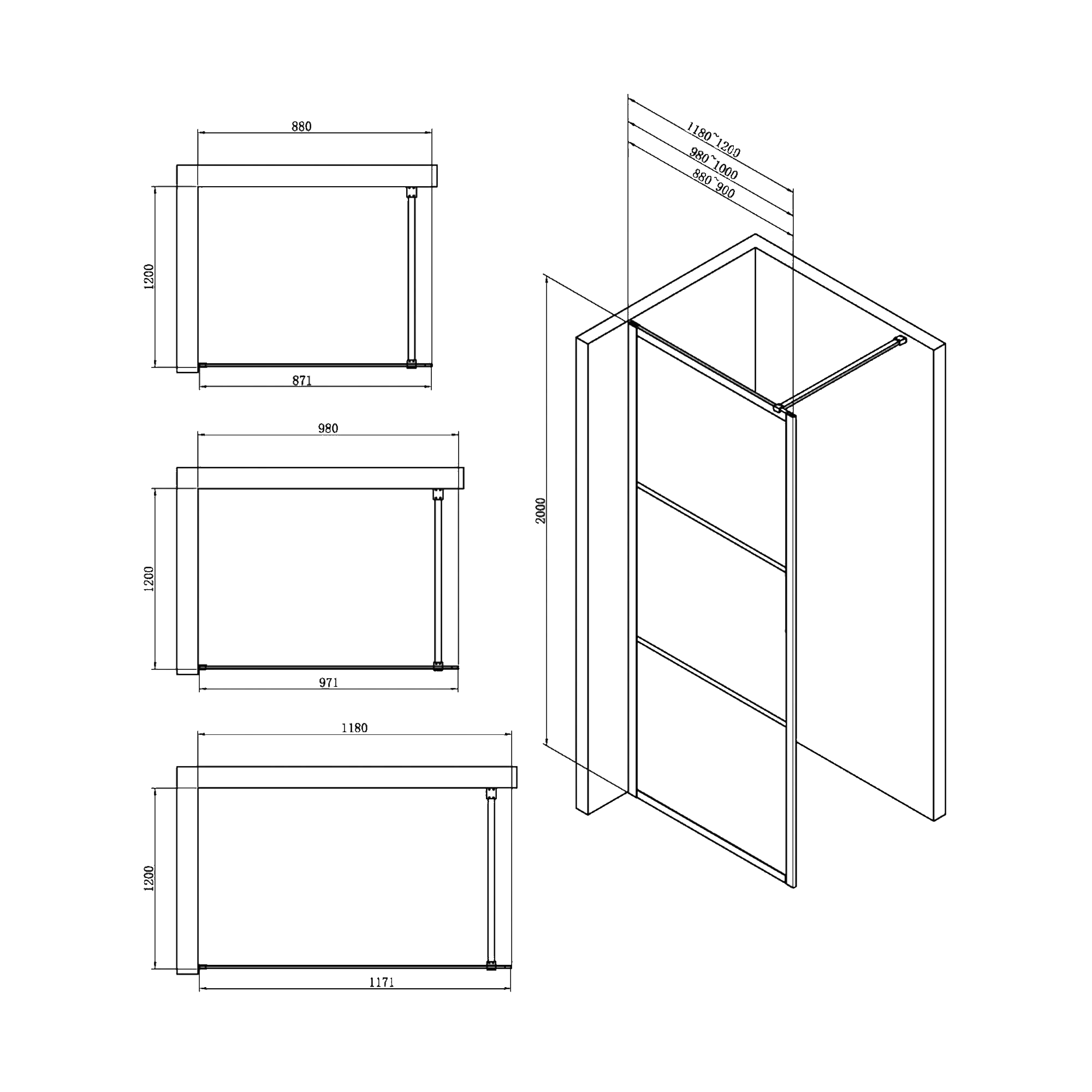 Sch&eacute;ma dimensions - Paroi de douche EXTATY 5